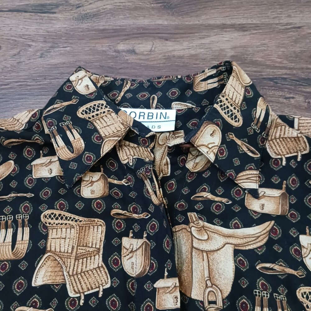 Vtg Corbin Threads Safari Equestrian Bags Seats Stirrups Shirt Womens Size 14